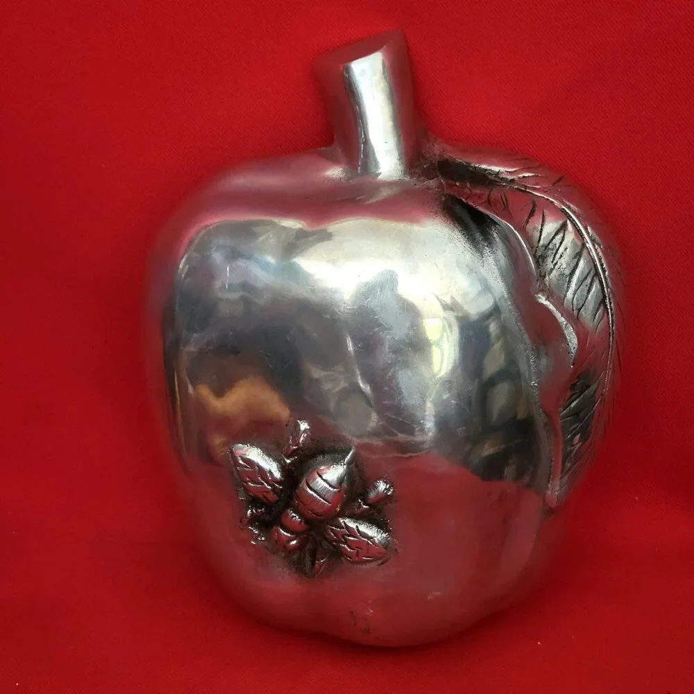 Vintage Metal Apple Shape Trinket Dish Leaf Design Bumblebee